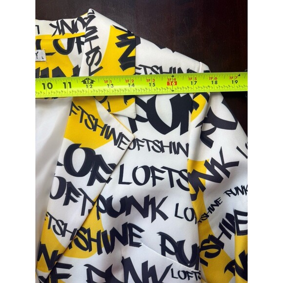 WHY Dress Rare Graffiti Print Jacket White Yellow Black Pockets 2 Buttons, Large - Picture 7 of 11